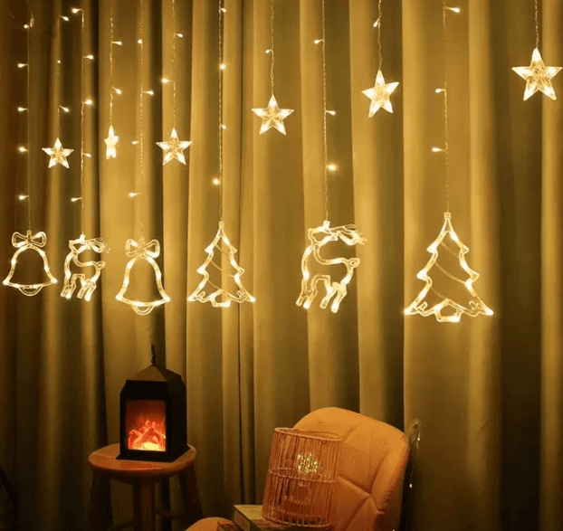 Гірлянда Штора з формами дзвіночок, ялинка, олень 12 PCS light