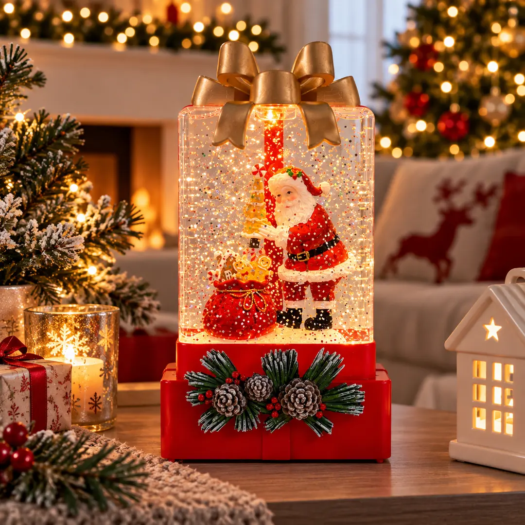 Ночник XMAS WDL-25010A «Подарунок» / Новорічний ліхтар 17,9 см з LED-підсвічуванням та ефектом снігу