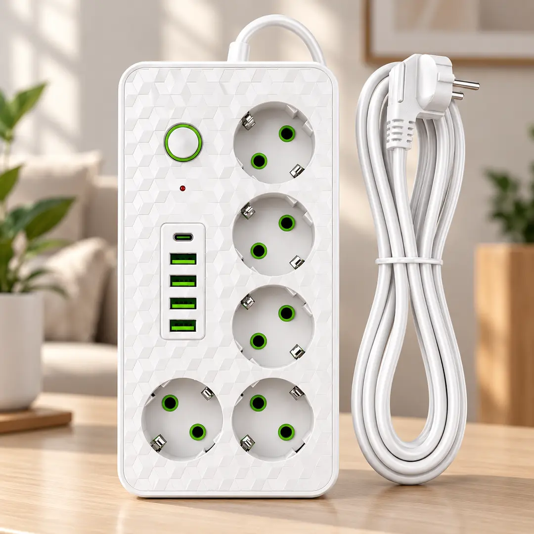 Білий Мережевий фільтр на 5 розеток HG-2505 / Подовжувач на 2м 4×USB+Type-C чорний / Фільтр мережевий 2500Вт