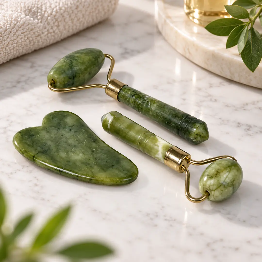 Масажний набір із натурального каменю JADE ROLLER SET /  Ролери та скребок Гуаша Anti-Aging
