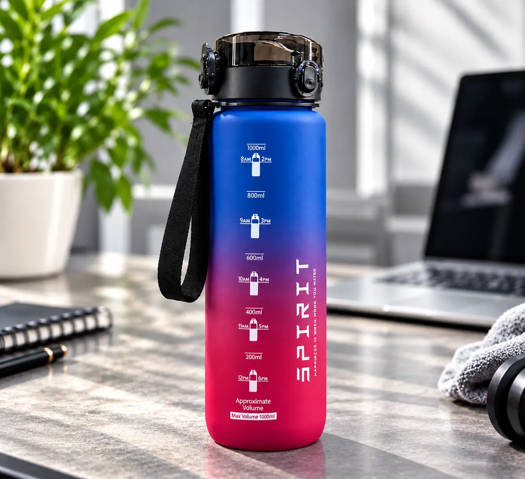 Пляшка для води Spirit 1000 мл градієнт синьо-бордовий / Пляшка з герметичною кришкою та ремінцем / Спортивна пляшка