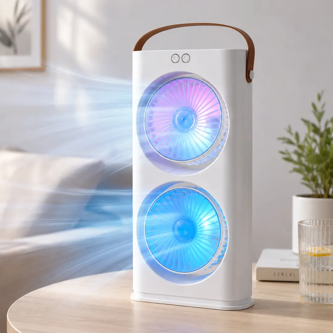 Настільний вентилятор Double-ended Spray Fan 1200 мАг / Акумуляторний портативний вентилятор з пультом та LED-підсвічуванням