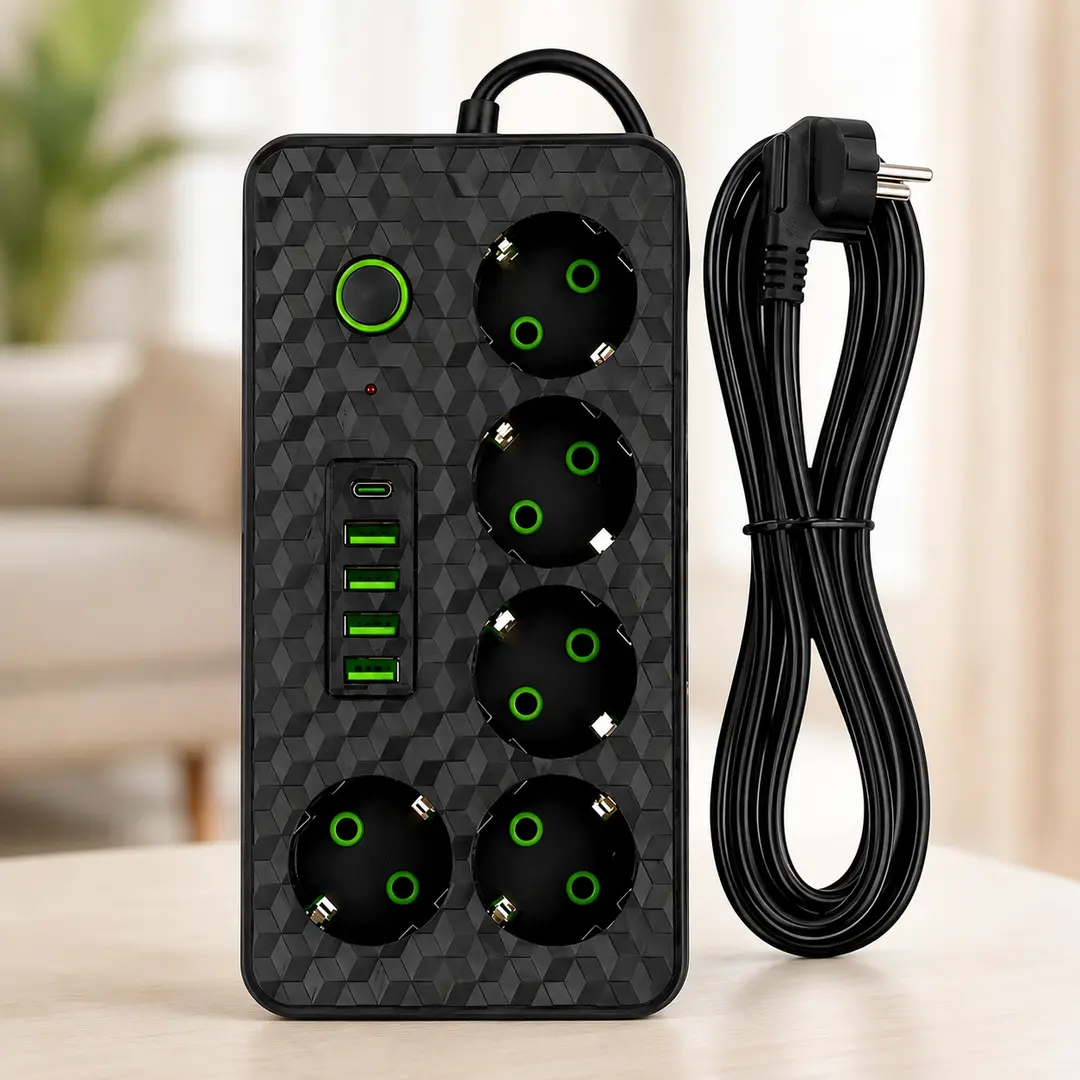 Чорний Мережевий фільтр на 5 розеток HG-2505 / Подовжувач на 2м 4×USB+Type-C чорний / Фільтр мережевий 2500Вт