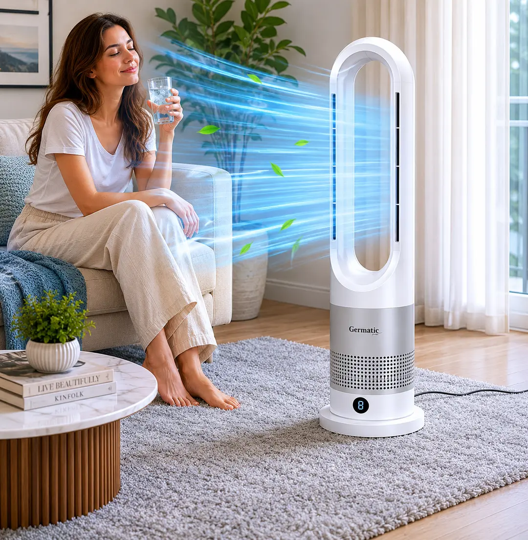 Мобільний безлопатевий вентилятор Germatic 2в1 автоповорот 80° / Кондиціонер зима-літо AM-030JR 1200W+ пульт ДУ