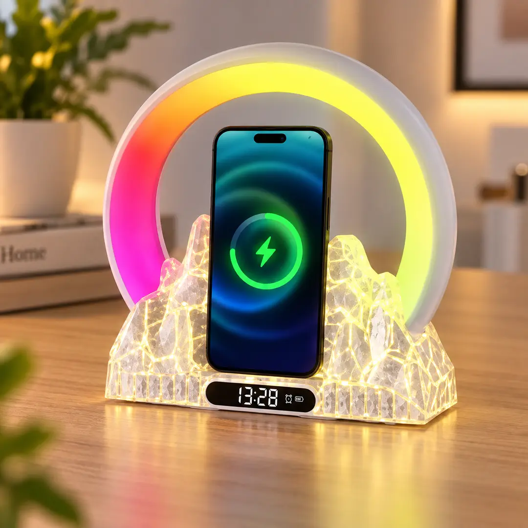 Багатофункціональний світильник з бездротовою зарядкою 15W /  Bluetooth-колонка + будильник та RGB-підсвічування