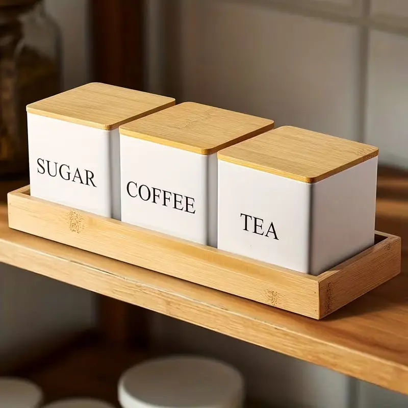 Набір банок для зберігання «Sugar/Coffee/Tea» з бамбуковими кришками та підставкою