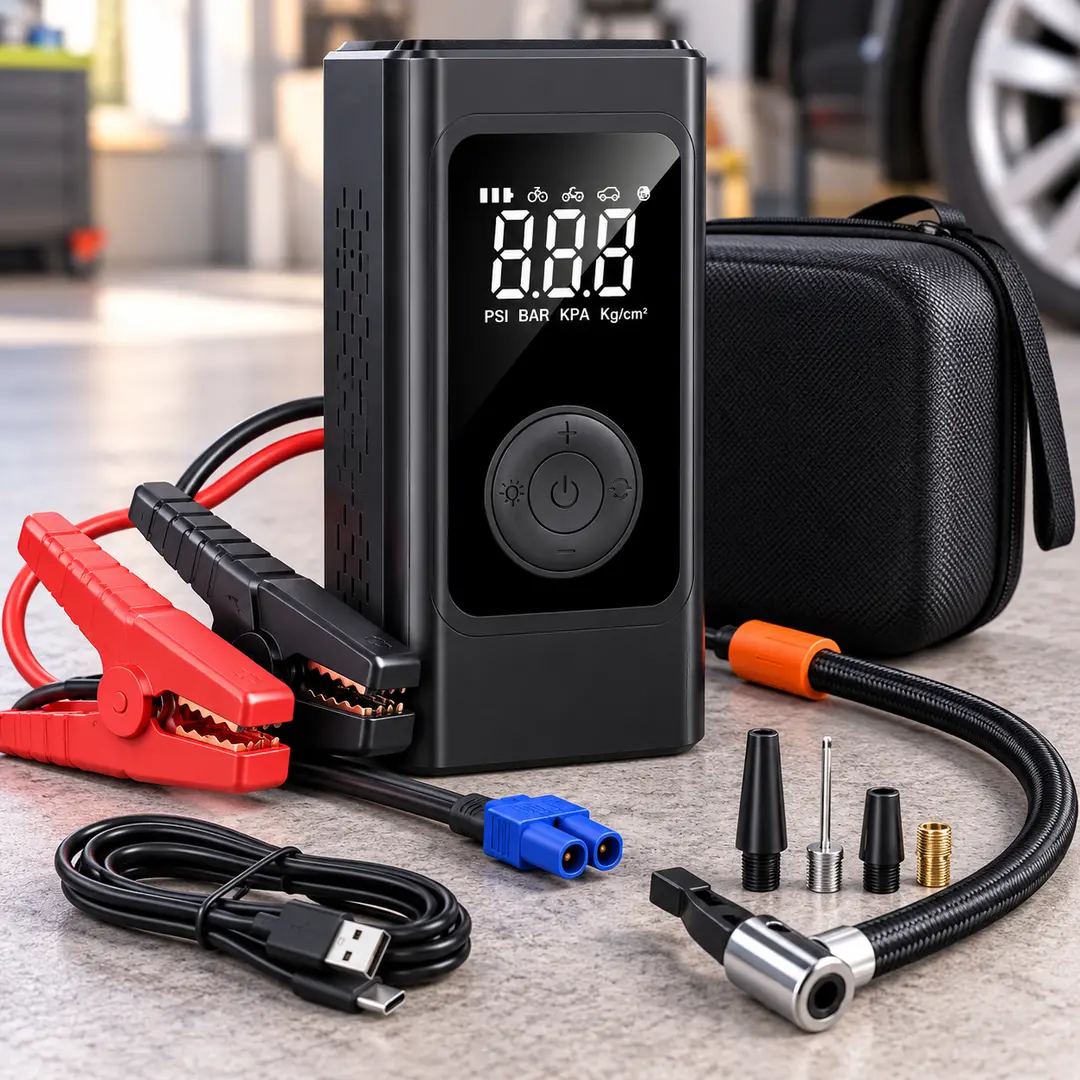 Портативний пусковий пристрій для автомобіля з Power Bank та LED-ліхтарем / Пуско-зарядний пристрій  4 в 1 з компресором