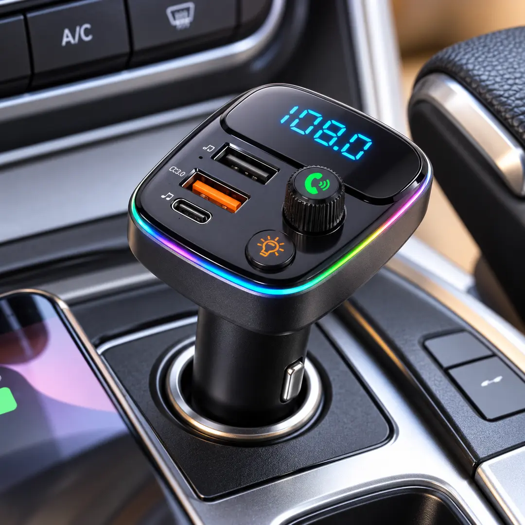 Автомобільний FM-трансмітер Bluetooth HM103 зі швидкою зарядкою / Модулятор PD/QC 3.0, USB Type-C та RGB-підсвічуванням