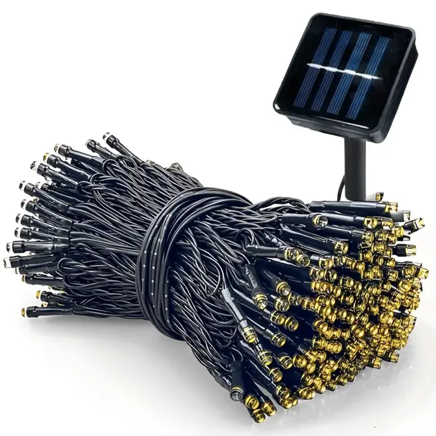 Гірлянда нитка на сонячній батареї 500 LED 50м чорний дріт жовтий
