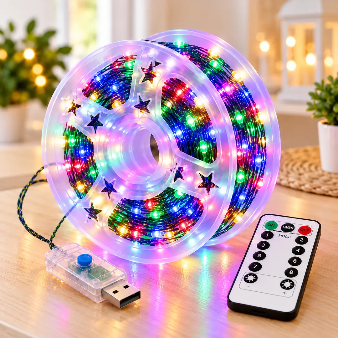 Гірлянда "Роса" 60 м 600 LED Мульті  / Гірлянда з USB та пультом ДУ, зелений дріт