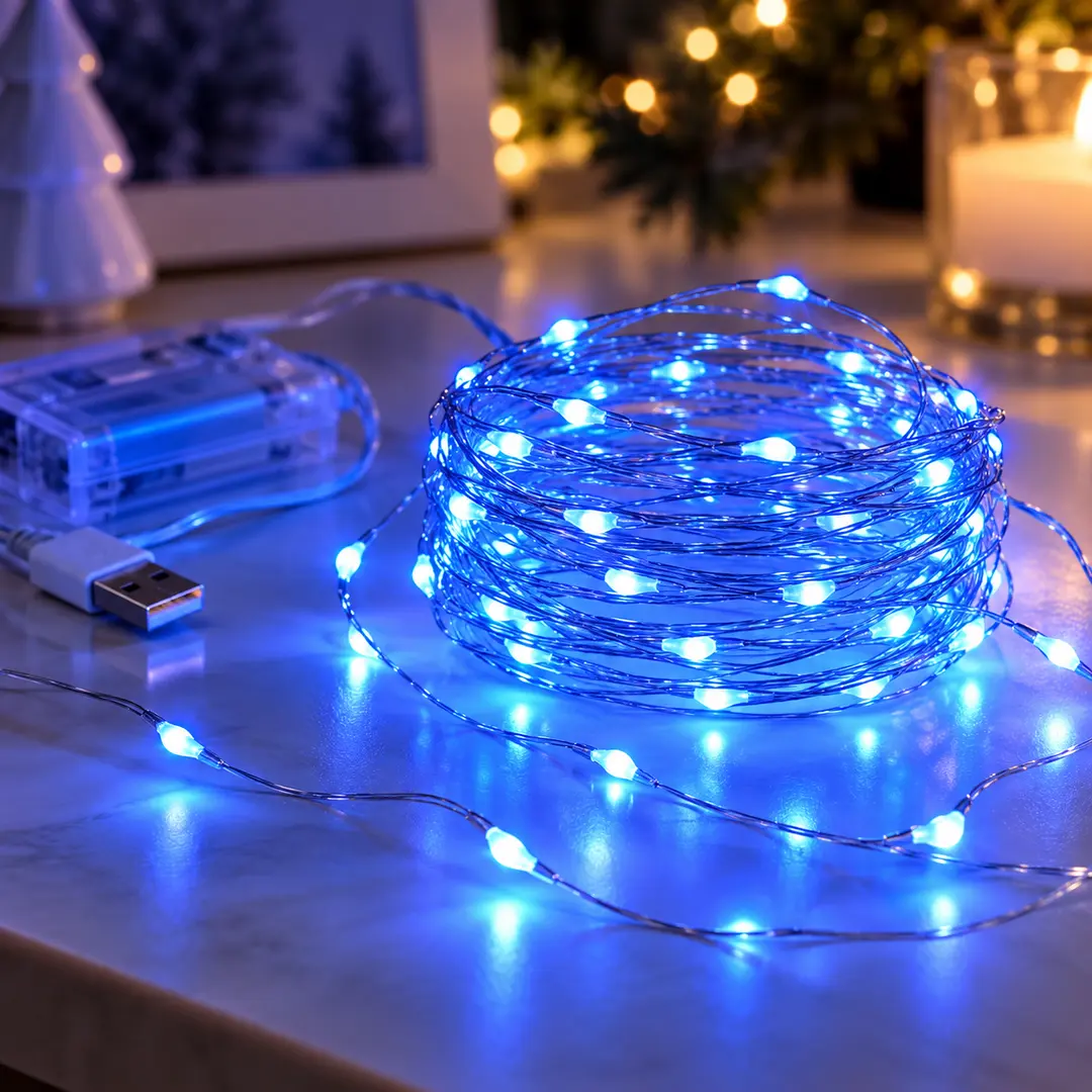 Гірлянда 30 LED 3 м на мідному дроті «Крапля роси» / Гірлянда Роса 2в1 Battery + USB Синій