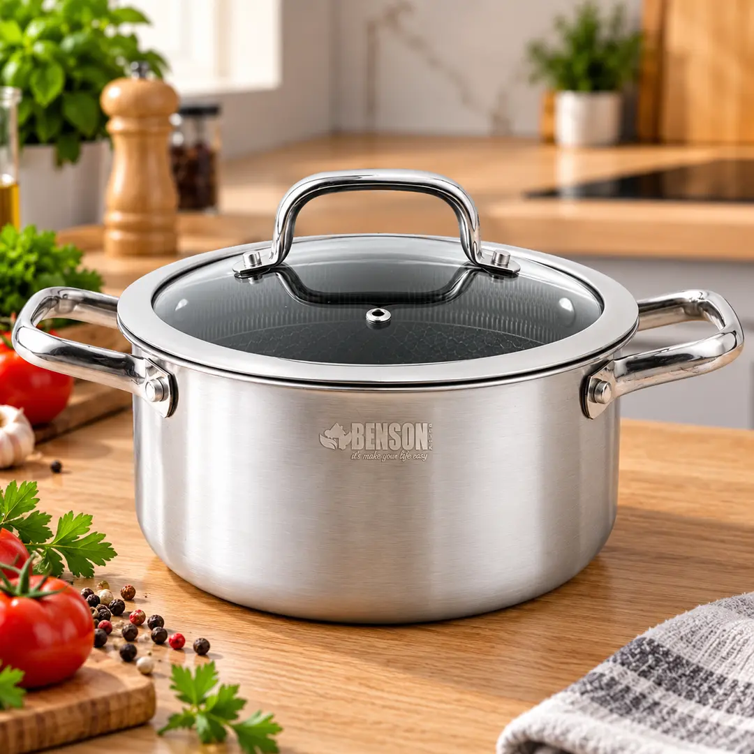 Каструля з нержавіючої сталі з кришкою 2,8л 20см / Каструля Benson з антипригарним покриттям