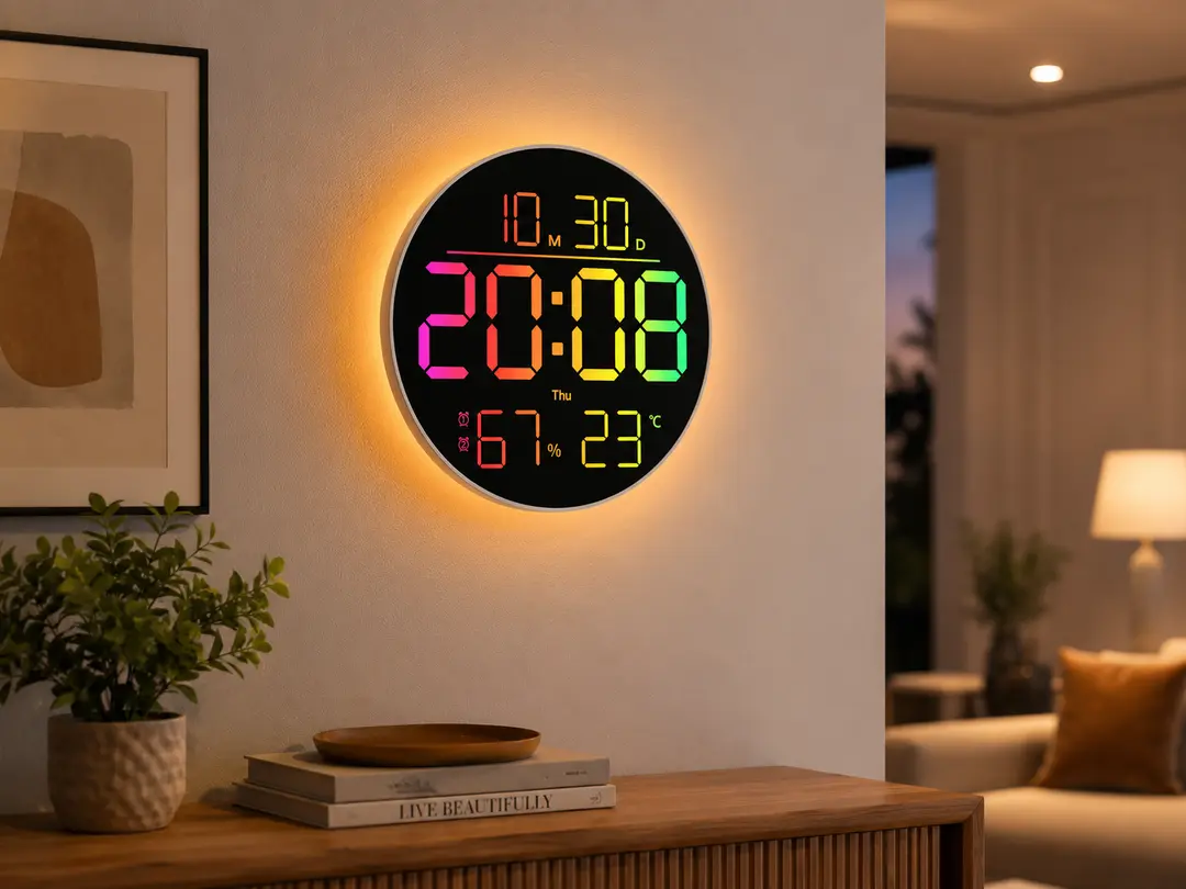 Годинник настінний 6695R / Настінний годинник круглі RGB з пультом / Календар, температура, вологість